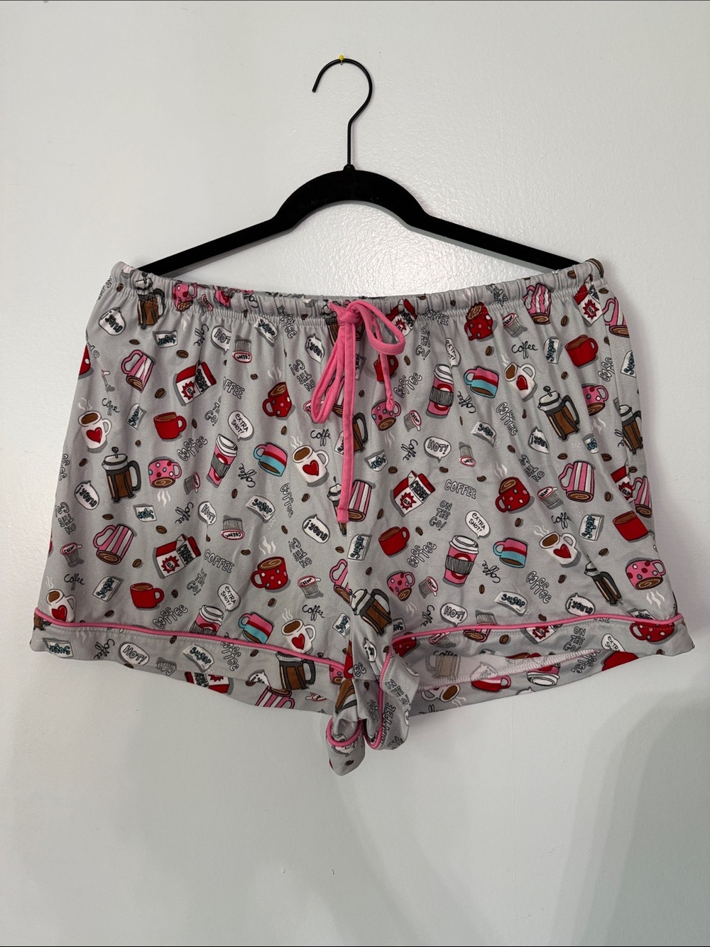 Pillow Talk Coffee Lovers Print Grey Pink Soft Top Shorts Pajama Set XL - Picture 5 of 7